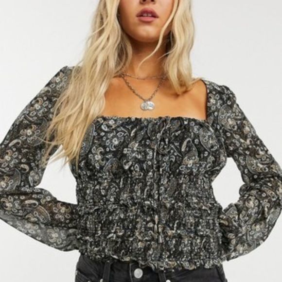 NWT FREE PEOPLE Lolita Printed Volume Sleeve Peasant Blouse XS - Picture 4 of 11